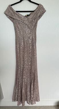 Morgan & Co Off the Shoulder Lace Dusty Blush Gown - 1